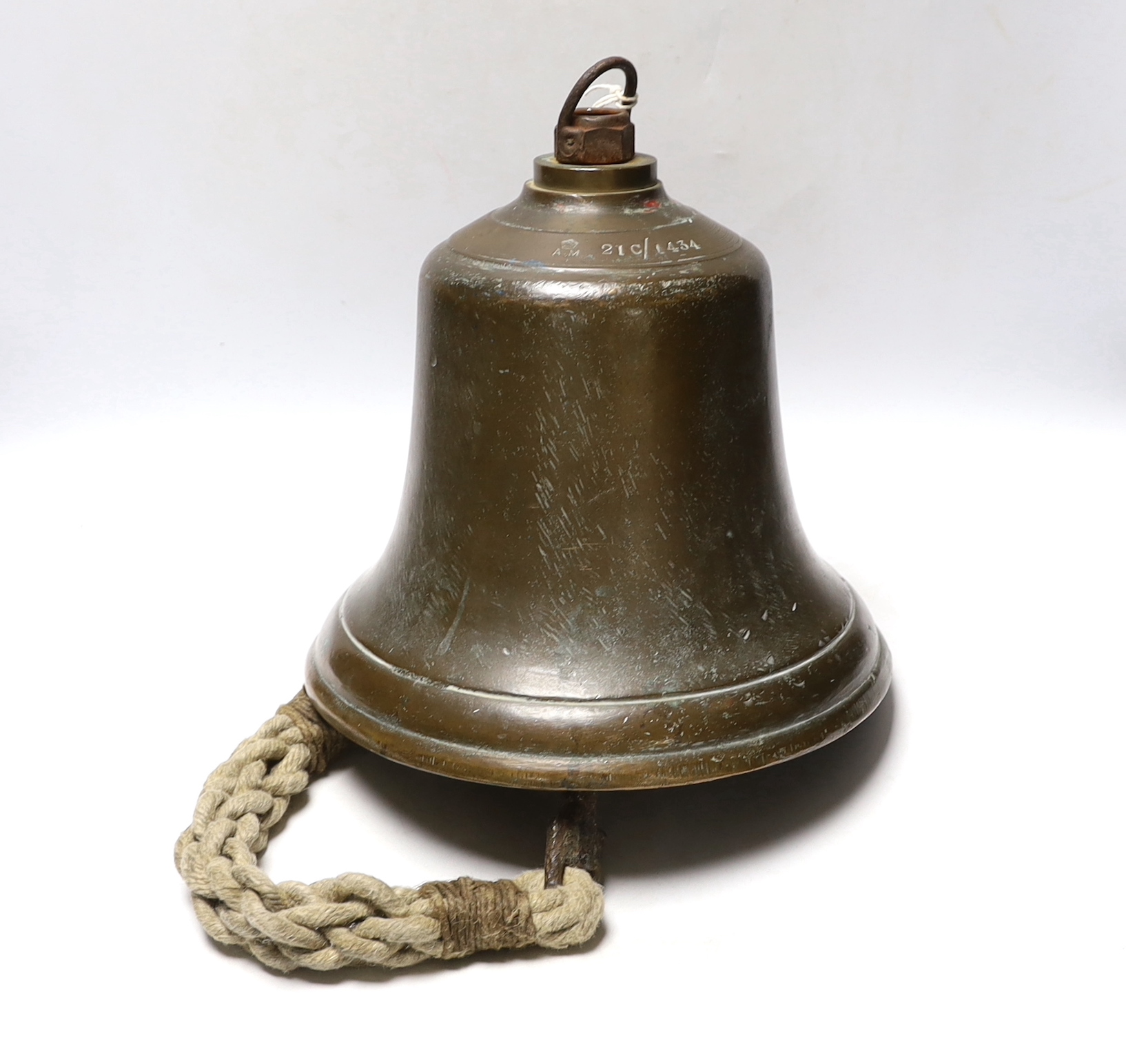 A WWII Air Ministry bronze scramble bell, stamped with crowned AM, 21C/1434, diameter 27cm